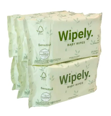 Produktbild von Wipely Baby Feuchttücher Sensitive 6er Set (432 Stück) – 99% Wasser, Ohne Parfum & Alkohol, getestet, Biologisch abbaubar, recycelbar