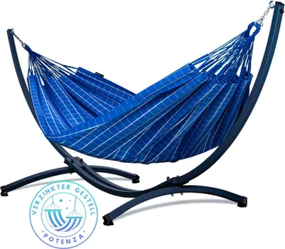 Produktbild von Potenza Outdoor Catargo Hängematte mit Verzinkter Gestell für 2 Personen I 100% Baumwolle Doppelhängematte XXL 220x160, 220kg I Hängemattengestell 220kg, wetterfest