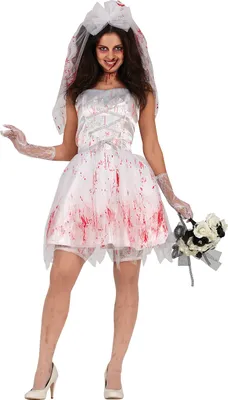 Produktbild von Halloween Braut Zombiekostüm Rot Weiß Blutige Spitze Schleier, Größe: 38 - 40 (M) Farbe: Weiß