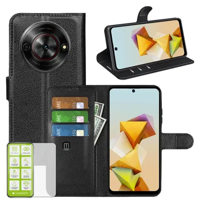 Obrázek produktu pro Pro ZTE Blade A75 5G Umělá kůže Book Wallet Case Pouzdro Černá + H9 Tvrdé sklo
