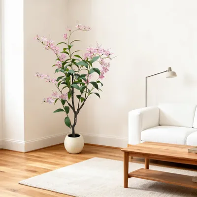 Produktbild von Kunstpflanze Jasminbaum 150 cm, Kunstbaum mit Realistischen Blättern & Rosa Blum