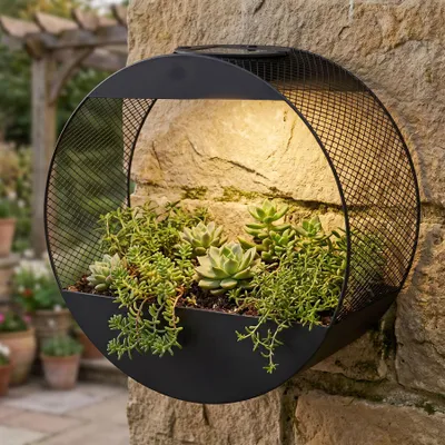 Produktbild von levandeo Solar Wandlampe Blumentopf Metall Schwarz - LED Gartenleuchte Industrial Design