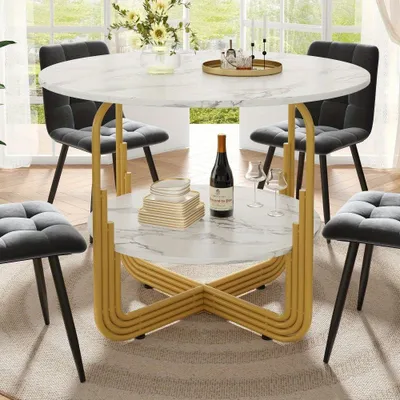 Image de Table - Table ronde - Table de cuisine - Table à manger - Table - Plateau en MDF imitation marbre - Structure en métal noir