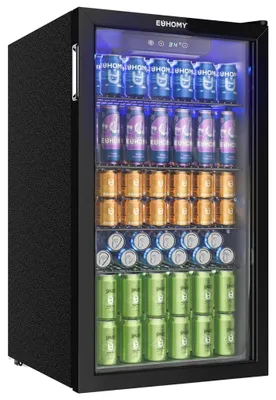 Produktbild von EUHOMY Getränkekühlschrank 90L, Mini-Kühlschrank für 126 Dosen mit Glastür, kleiner Kühlschrank mit verstellbaren Regalen für Limonade, Bier oder Wein