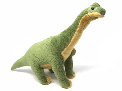 A plush toy dinosaur, a Brachiosaurus, is shown against a white background.