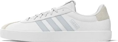 A white Adidas shoe with light gray stripes and beige accents on a white background.
