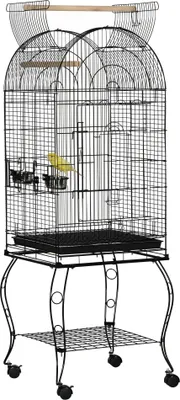 Produktbild von PawHut Vogelkäfig mit Ständer und Rädern, großer Stahlkäfig mit abnehmbarem Tablett, 4 Türen und 2 Futterstellen für Ara-Papageien, 51 x 51 x 153 cm, Schwarz