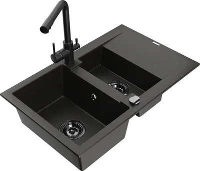 Produktbild von Mexen Gaspar 1,5-Becken-Granitspüle mit Abtropffläche und Mischbatterie Duero, Schwarz/Gold - 6507-75-671600-70-B