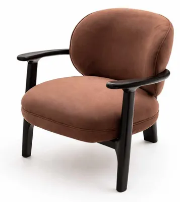 Immagine prodotto di Poltrona di design, colore marrone, rivestita in tessuto, struttura in legno, stile moderno, ideale per il soggiorno, confortevole
