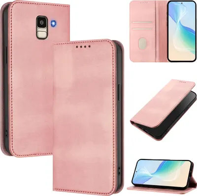 Image de Étui pour Samsung Galaxy J6 2018, étui en cuir vintage avec protection RFID, fentes pour cartes, support Rose