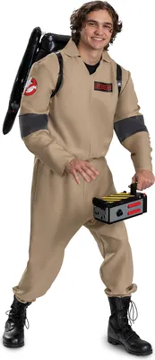 A man wearing a Ghostbusters costume.