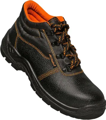 A black and orange work boot is shown against a white background.