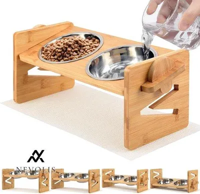Produktbild von Verstellbarer Hunde- und Katzenfutterteller - Höhe verstelbar - Bambus-Hunde-Futterstation - 2 Stahlkommen - Komma - kleine Katzen - Hunde.