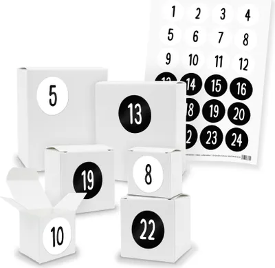 Produktbild von Adventskalender zum Füllen 24x Quader Würfel gemischt WEISS + Sticker (V01 Z33)