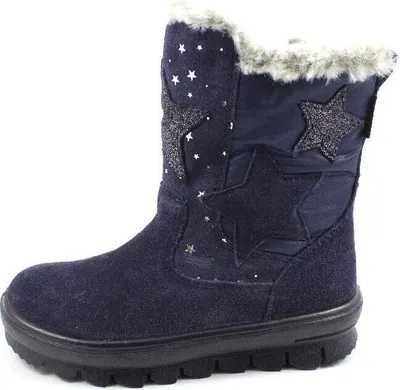 A single blue boot with stars is shown against a white background.