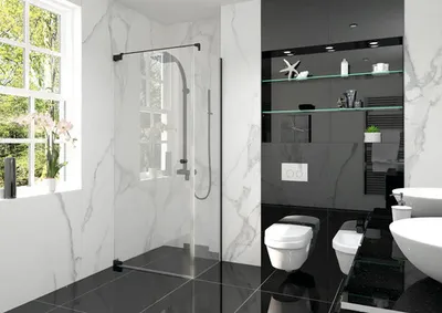 Produktbild von Jungborn Duschtür mit Seitenwand SETTE Drehtür links Seitenwand rechts 90 x 90 cm Profilfarbe schwarz Klarglas mit schmu
