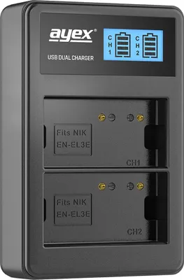 Produktbild von USB Dual Ladegerät für Nikon EN-EL3e Akkus beleuchtetes Display Ladestandanzeige
