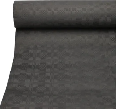A roll of black paper tablecloth with a damask embossed pattern.