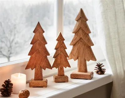 Image de set de 3 sapins en bois de manguier, 20 25 30 cm de haut, sapin, figure décorative, décoration en bois