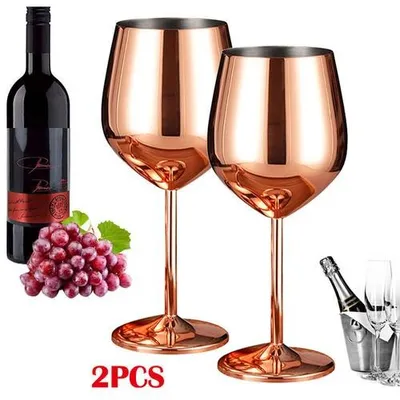 Image de Verre à vin en acier inoxydable Ensemble de 2 verres incassables pour le camping 500 ml or rose