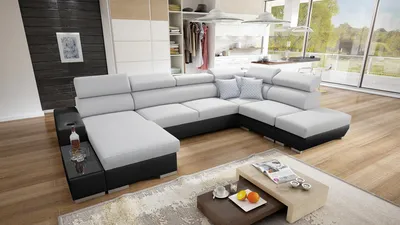 Produktbild von Wohnlandschaft in U-Form PERS VI Ecksofa Eckcouch mit Schlaffunktion (Grau SAWANA 84 + schwarzes Kunstleder, Links)