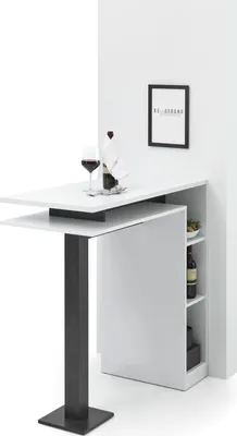 A modern bar table with a wine glass and bottle on it, set against a white wall.