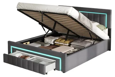 Produktbild von MODFU Boxspringbetten 160X200 Doppelbett mit Bettkasten und Schubladen auf Rollen,Polsterbett mit LED-Kopfteil und Lattenrost,ohne Matratze,Grau