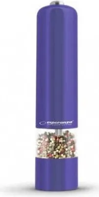 A purple electric pepper mill filled with peppercorns.