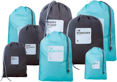 Productafbeelding van Nylon trekkoord tassen - Set van 8 - Waterdichte nylon organizer tas met trekkoord - Schoenen en toiletartikelen