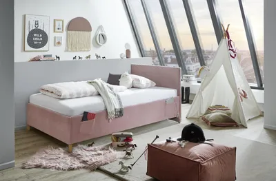 Produktbild von Meise Möbel Kinderbett Cool 120x200 cm | Bettgestell | Kopfteil glatt | Cordstoff Rose | Holzfuß eichefarbig