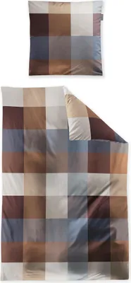 A flat lay of a duvet cover and pillowcase set with a checkered pattern.