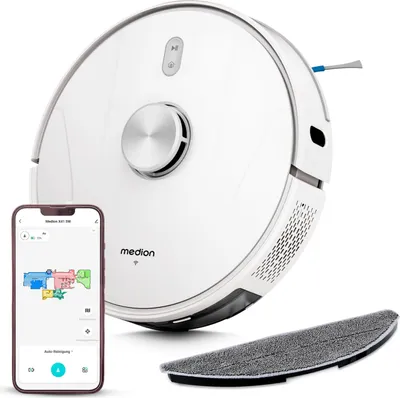 A white robot vacuum cleaner is shown with a smartphone displaying its app interface, and a mop attachment is placed in the foreground.