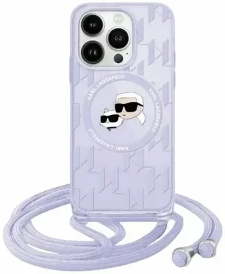 Produktbild von MagSafe Hülle für Apple iPhone 15 Pro - Karl Lagerfeld IML Crossbody Monogram Karl & Choupette Head Back Cover mit Kordel - Lila
