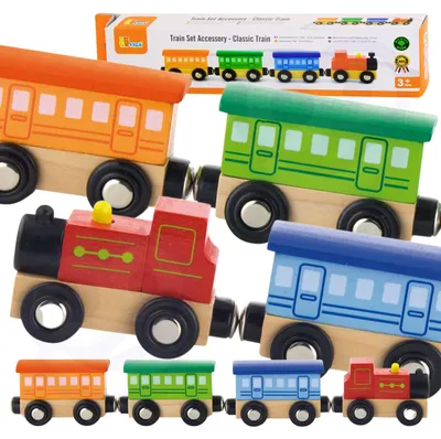 Zdjęcie produktu dla Viga Drewniany Pociąg Magnetyczny Wagoniki Kolejka Ciuchcia Lokomotywa 3+