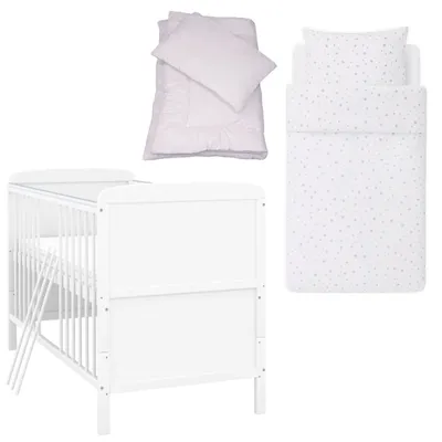 Produktbild von Baby-Delux Babybett Kinderbett Natalie Umbaubar 140x70 Weiß Bettset 4-Tlg Komplett Sterne Weiß Grau