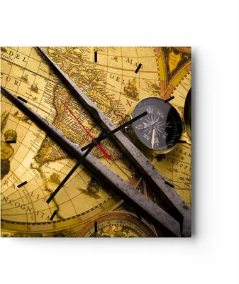 Produktbild von Wanduhr - Quadrat - Glasuhr - Kompass Abenteuer Reisen - 30x30cm - Schleichendes Uhrwerk - Lautlos - zum Aufhängen bereit - Dekoration Modern - Wanddekoration aus Glas - C3AC30x30-0146