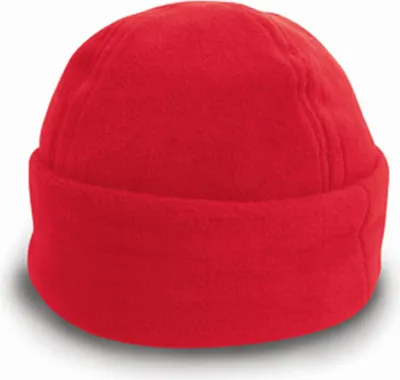 A red fleece bob hat is shown against a white background.
