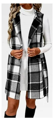 Produktbild von Damen Weste Mittellanger Mantel Karierter Ärmelloser Blazer Elegante Wollweste Trenchcoat mit Gürtel Modischer Wollmantel Übergangsjacke Casual Kuschelige Herbstweste mit Knöpfen