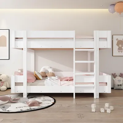 Produktbild von Flieks Etagenbett 90x200cm mit Rausfallschutz, Kinderbett mit Lattenrost, Hochbett mit Leiter für 2 Kinder, Stockbett Holzbett, Weiß