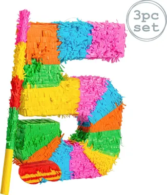 Produktbild von Fax Potato Nummer 5 Pinata Set mit Stick & Blindfold | 35 x 7,5 x 50 cm - Grün, Rot, Gelb
