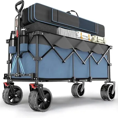 Obrázok produktu pre XXXL ručný vozík – skladací transportný vozík – objem 300 litrov – nosnosť 200 kg – pneumatiky vhodné do terénu, 17 x 10 cm – výsuvný – modrej farby