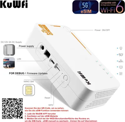 Immagine prodotto di Router 5G, compatibile con NSA/SA, modem 5G da 2,5 Gbps, supporto per SIM card e eSIM, router Wi-Fi 6 dual-band AX3600, hotspot Wi-Fi portatile per uso domestico, design compatto