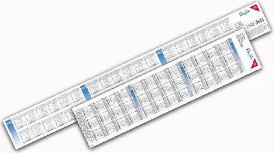 Two long, thin calendars are shown diagonally on a white background. The calendars are printed with grids of text and numbers.