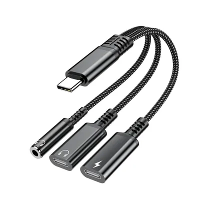 Produktbild von USB-C-Audioadapter 3-in-1, Typ-C-auf-Klinke-Adapter mit Dual-Typ-C & 3,5-mm-Port, 10W Schnellladefunktion, kompatibel mit iPhone 15/16 & Samsung
