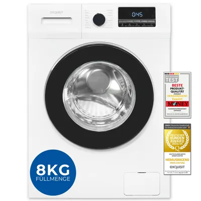 A front view of a white washing machine with a black door and control panel.