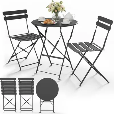 Produktbild von VOUNOT® Metall Bistroset 3-teilig, klappbarer Bistrotisch mit 2 Stühlen, Grau
