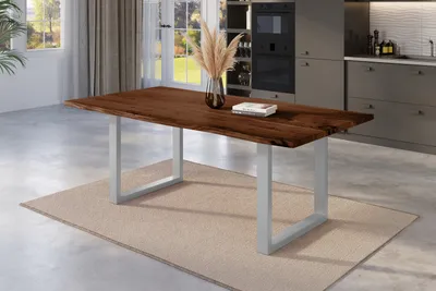 Produktbild von Esstisch Baumkante massiv Akazie nussbaum 180 x 90 U-Gestell silber NICK