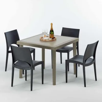 Produktbild von Polyrattan Tisch Quadratisch mit 4 Bunten Stühlen 90x90 Beige Elegance