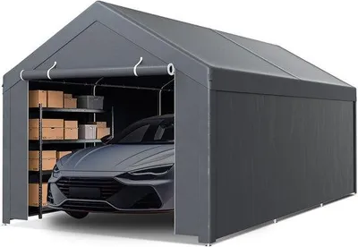 Obrázok produktu pre Garážový baldachýn s rozmermi 3 x 6 metrov, s odnímateľnou bočnou stenou, strechou z polyetylénu (PE), pozinkovanou oceľovou konštrukciou, farby sivej.