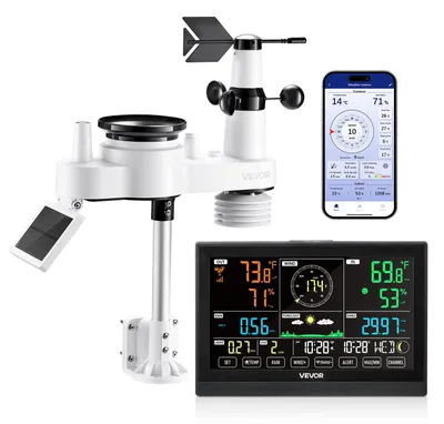Obrázek produktu pro Meteorologická stanice VEVOR 7 v 1 WLAN s aplikací APP, 7,5palcový VA displej, venkovní senzor napájený solární energií, meteorologické centrum pro předpověď počasí, rychlost větru, teplotu, vlhkost, srážky